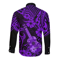Back view purple long-sleeve button-up shirt with black ukulele and floral Polynesian pattern