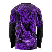 Unisex long-sleeve shirt purple with dark guitar, hibiscus, and tribal swirl pattern