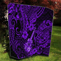 Purple Polynesian ukulele quilt on lawn, black and violet tribal swirls and flowers