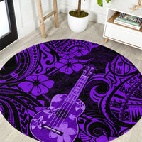 Round purple rug with ukulele graphic and Polynesian tribal swirl motifs