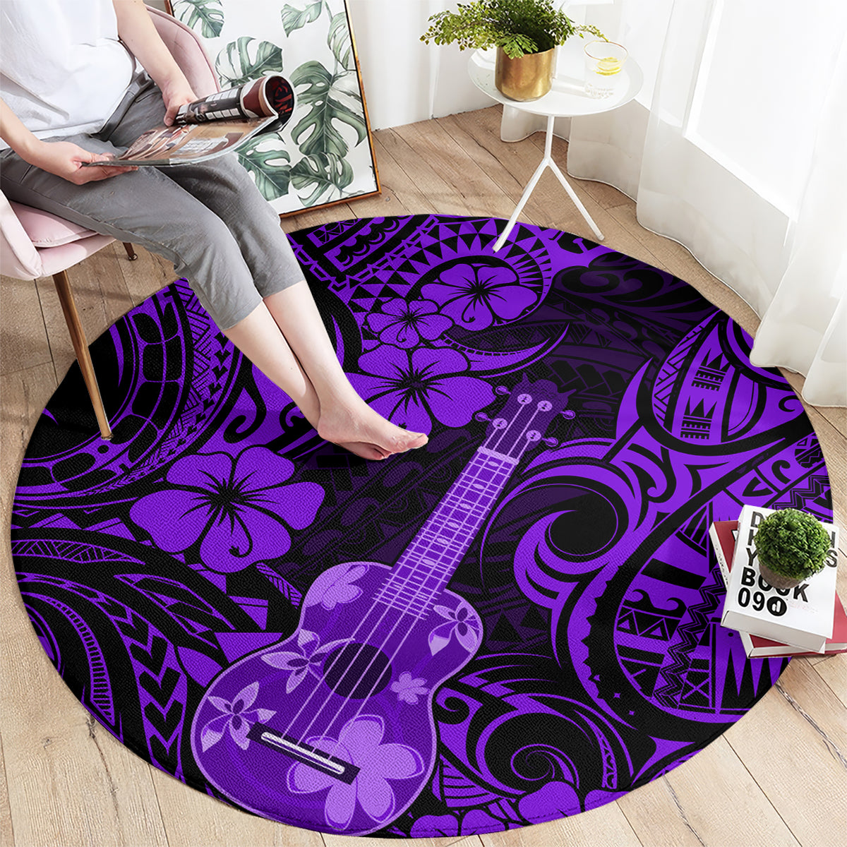 Round purple rug with ukulele artwork and Polynesian tribal swirl patterns