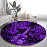 Round purple rug with central ukulele motif and Polynesian tribal patterns