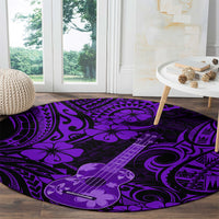 Round purple Polynesian rug with ukulele artwork and black tribal swirls