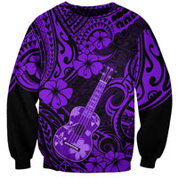 Unisex purple sweatshirt with black Polynesian pattern and purple guitar graphic