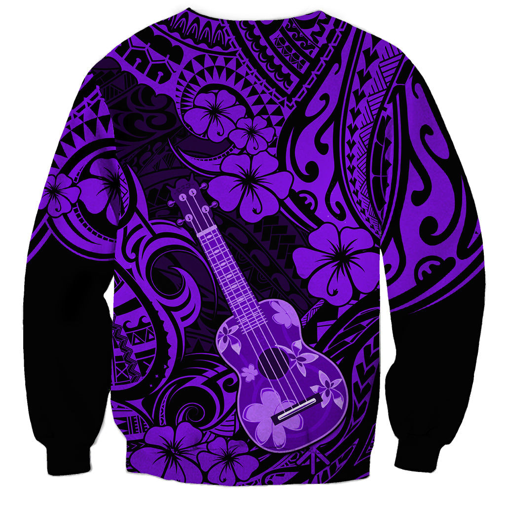 Unisex purple-black sweatshirt with Polynesian swirls, hibiscus flowers, and guitar graphic