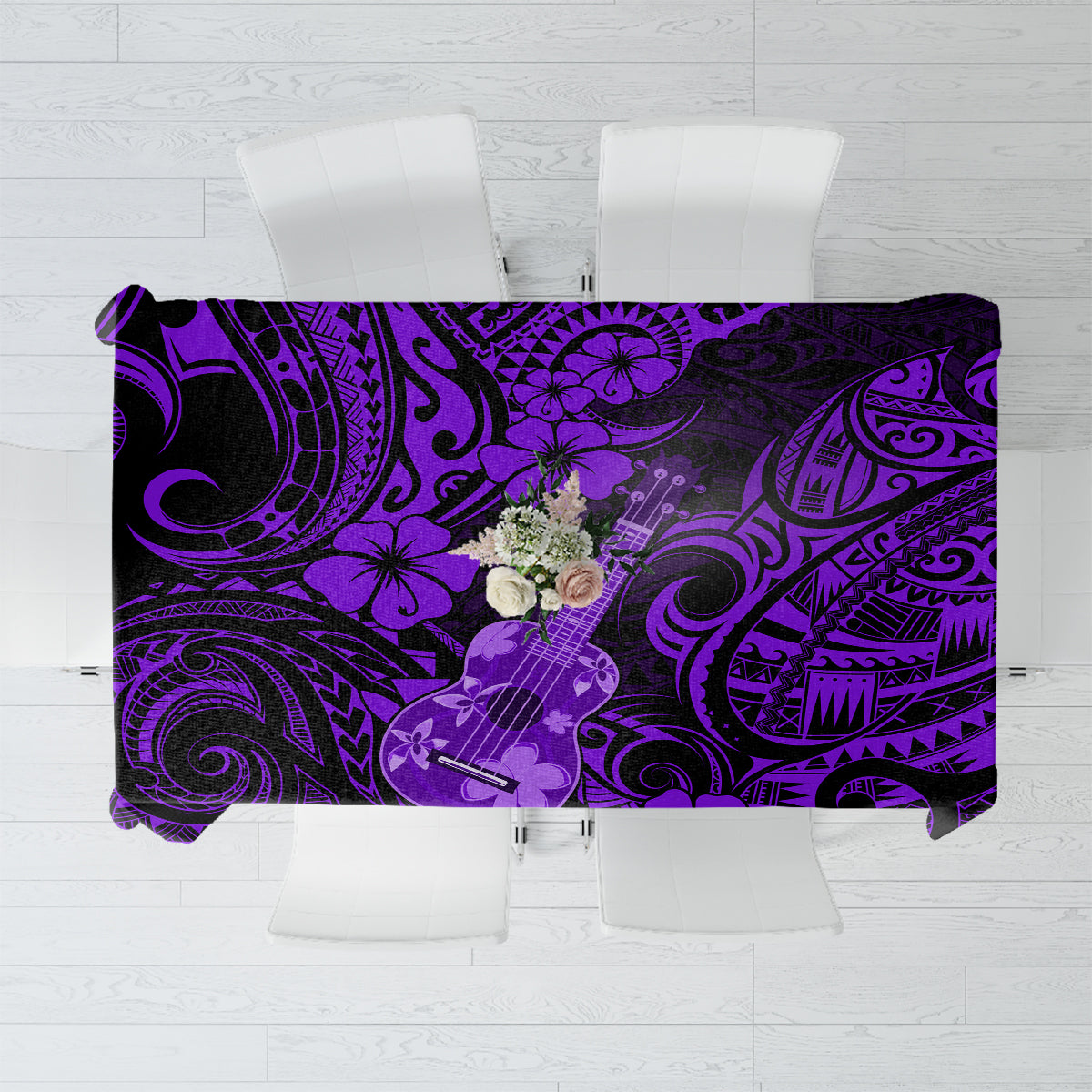 Purple Polynesian tablecloth with black swirls and ukulele motif