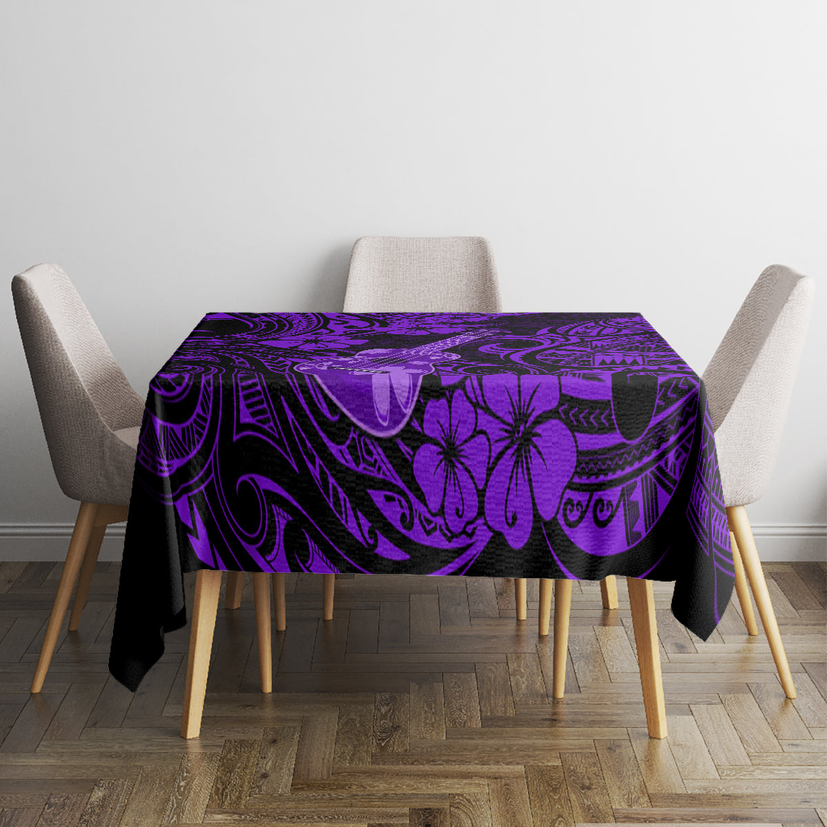 Purple Polynesian pattern tablecloth with black swirls and floral motifs on table