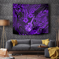 Purple Polynesian-style tapestry with ukulele and floral swirl pattern, wall-hanging fabric.