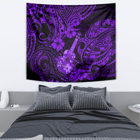 Purple Polynesian ukulele tapestry with floral and swirl motifs, shown on a wall.