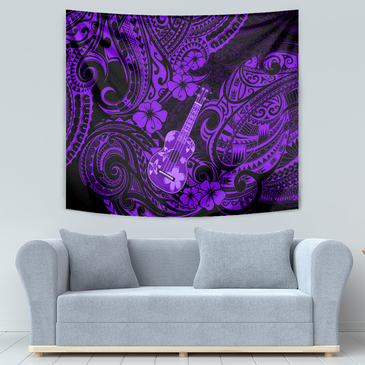 Purple Polynesian ukulele tapestry with ornate swirl designs and floral accents.