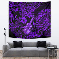 Purple Polynesian-style wall tapestry with ukulele illustration and decorative motifs.