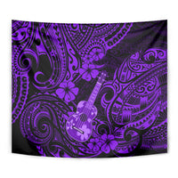 Purple Polynesian patterned tapestry close-up with ukulele and floral swirl design.