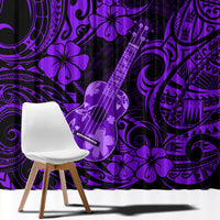 Purple patterned window curtain fabric close-up with guitar and floral motifs