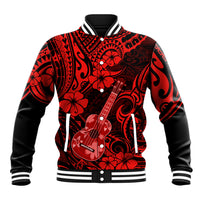 Red and black Polynesian-style baseball jacket with hibiscus and guitar print, button front