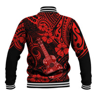 Red and black baseball jacket with back hibiscus, guitar and tribal swirl pattern, ribbed cuffs