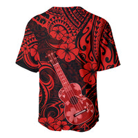 Red and black baseball jersey with ukulele and hibiscus floral Polynesian back print