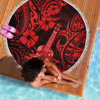 Round red-and-black beach blanket with guitar and hibiscus print, fringe edge