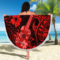Round red-and-black Polynesian beach blanket with hibiscus and ukulele print, fringe