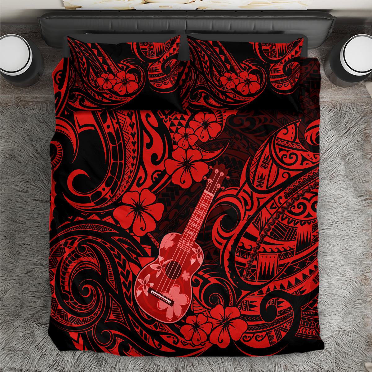 Red and black Polynesian duvet cover with guitar, floral, and tribal swirl patterns