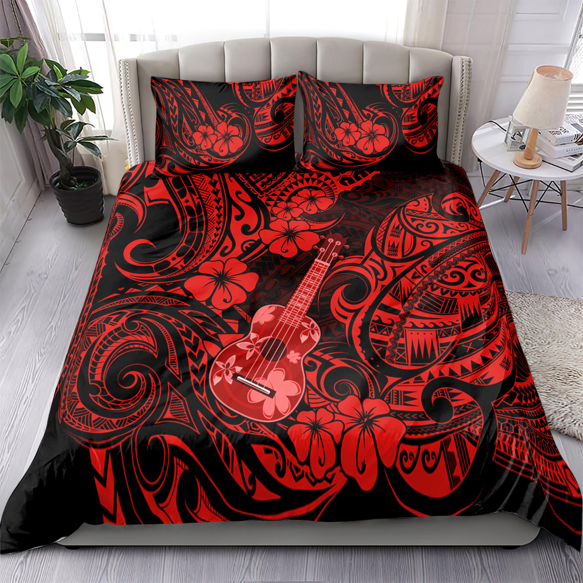 Red and black Polynesian bedding set with guitar and floral patterns, includes pillowcases