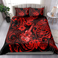Red and black Polynesian bedding set with guitar and floral patterns, includes pillowcases