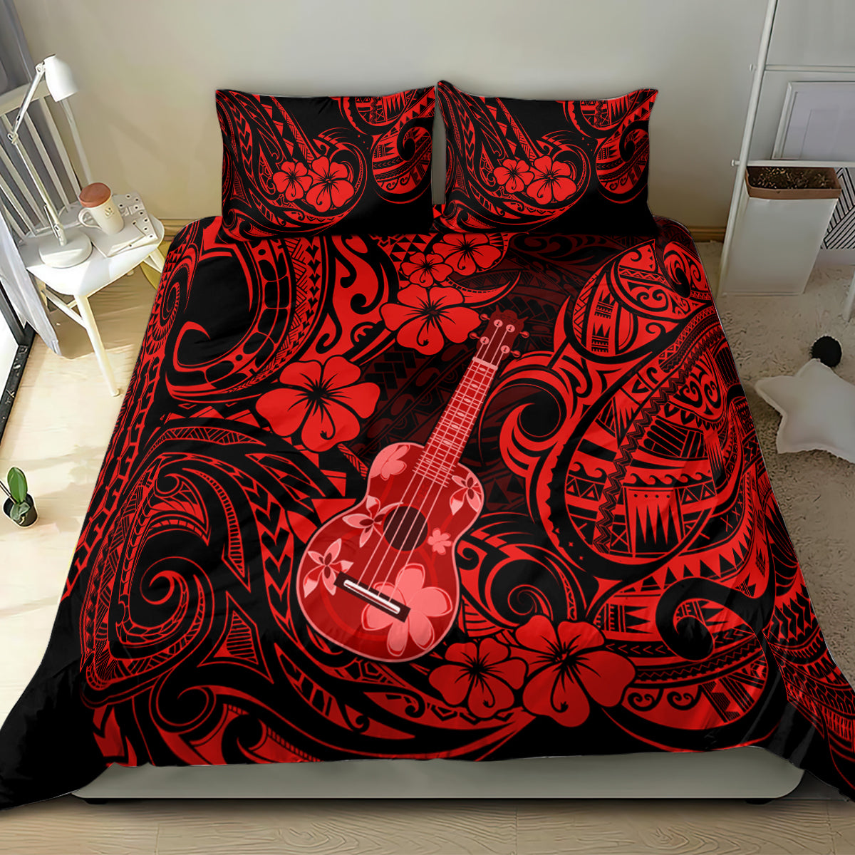 Red and black Polynesian duvet cover and pillowcases with guitar and floral tribal patterns