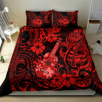Red and black Polynesian duvet cover and pillowcases with guitar and floral tribal patterns