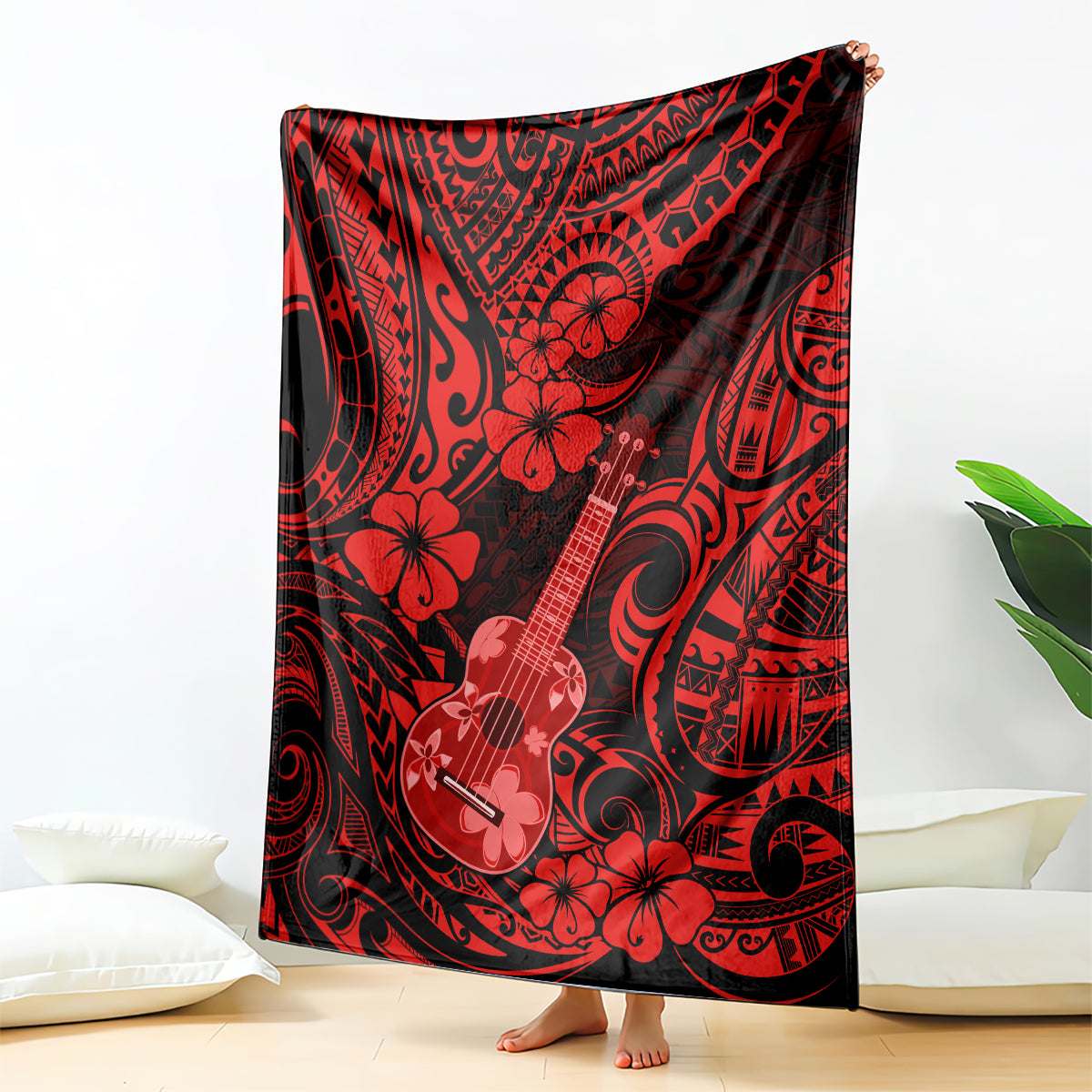 hawaii-ukulele-blanket-polynesian-pattern-red-version