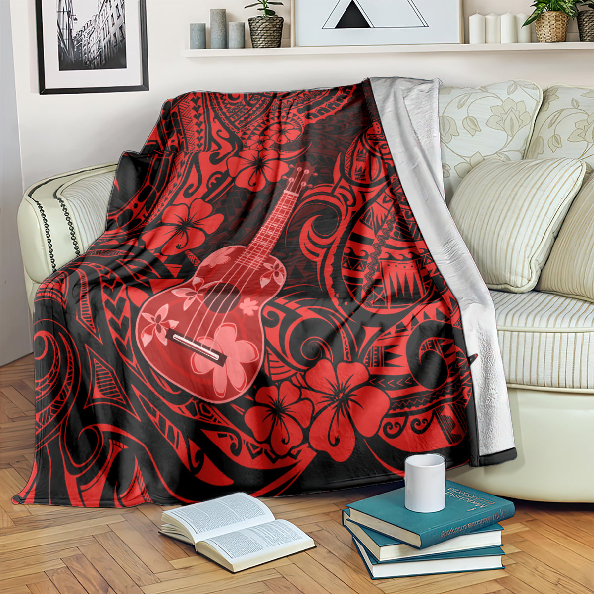 Red Hawaii ukulele blanket on sofa, ukulele and floral polynesian print