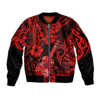 Unisex bomber jacket in red with black sleeves, full-zip, ribbed cuffs, floral guitar pattern
