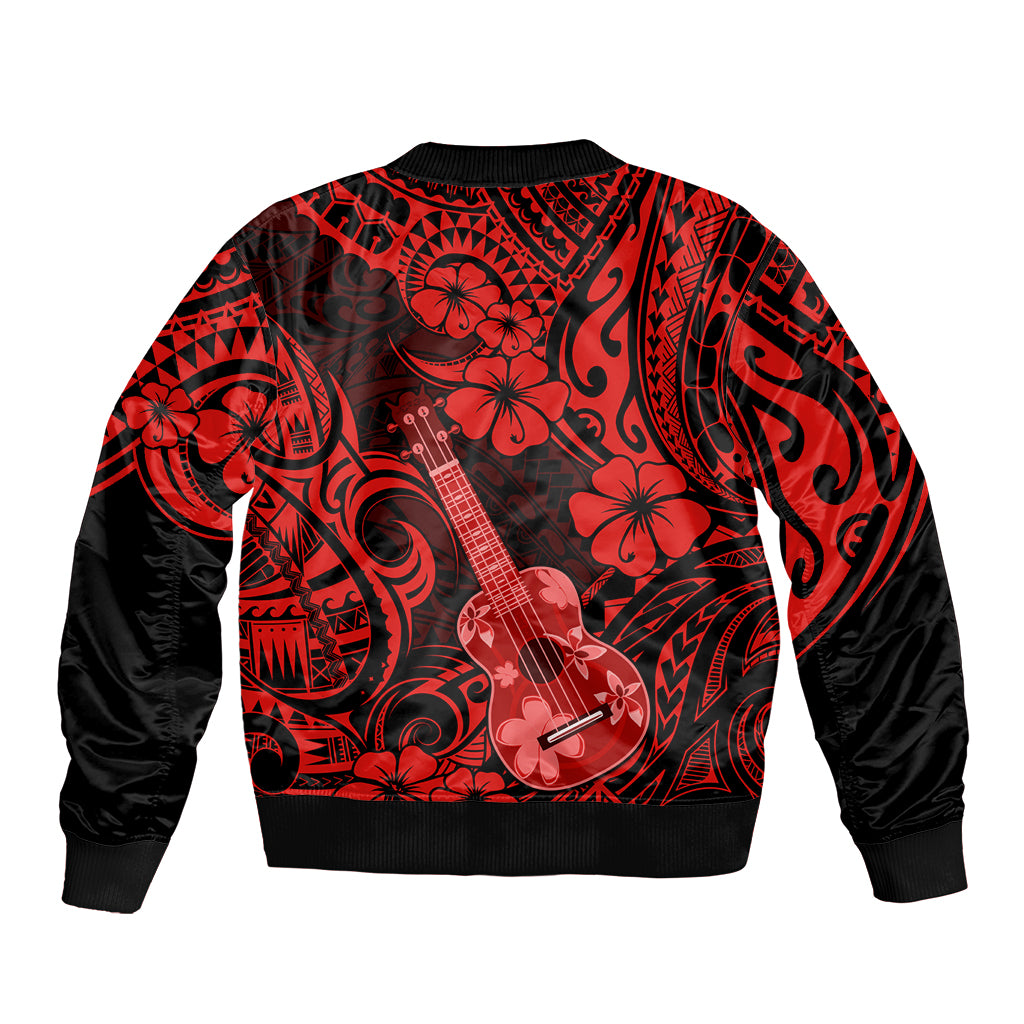 Unisex bomber jacket, red Polynesian pattern with guitars and flowers, ribbed hem and cuffs