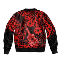 Unisex bomber jacket, red Polynesian pattern with guitars and flowers, ribbed hem and cuffs