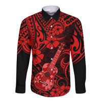 Red & black long-sleeve button shirt with Polynesian ukulele graphic