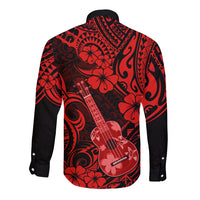 Red & black long-sleeve button shirt with full back Polynesian ukulele print