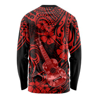 Unisex long-sleeve shirt, red and black, guitar and flower Polynesian pattern