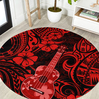 Round red and black Polynesian ukulele rug with floral hibiscus and tribal motifs