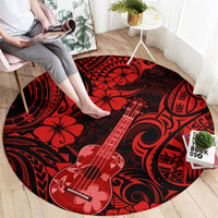 Round red and black ukulele pattern rug with hibiscus flowers and tribal swirls