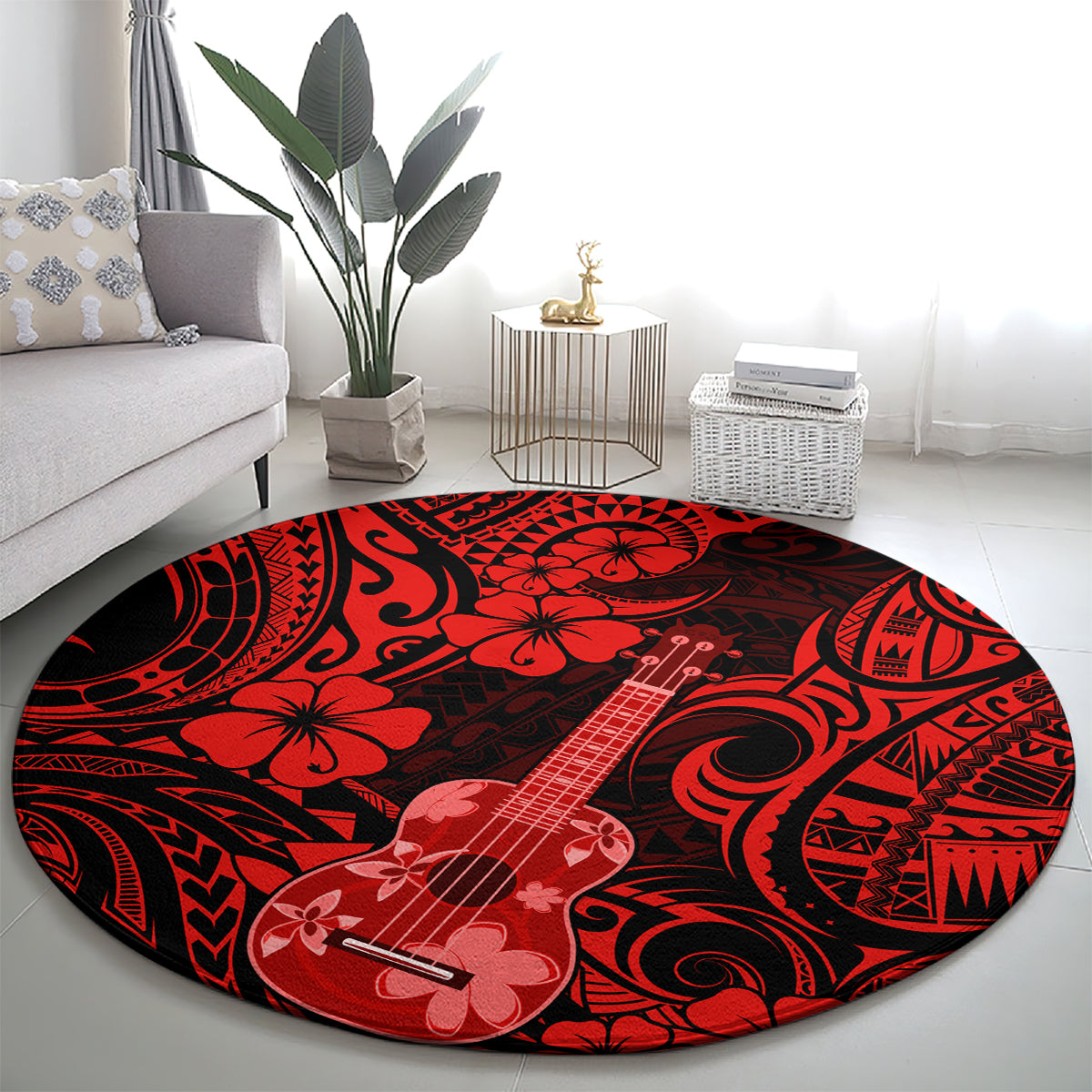 Red and black round Polynesian ukulele rug featuring hibiscus blooms and scroll designs