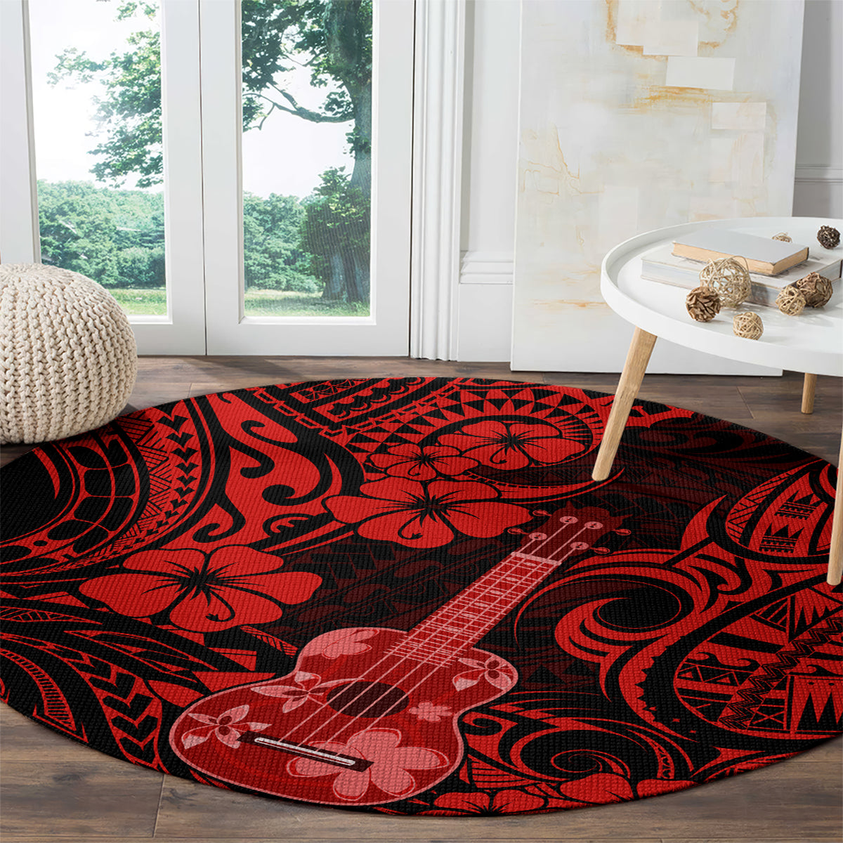 Round red and black ukulele rug with hibiscus flowers and tribal geometric patterns