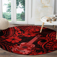 Round red and black ukulele rug with hibiscus flowers and tribal geometric patterns