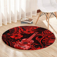 Red and black round ukulele pattern rug with hibiscus motifs and tribal shapes