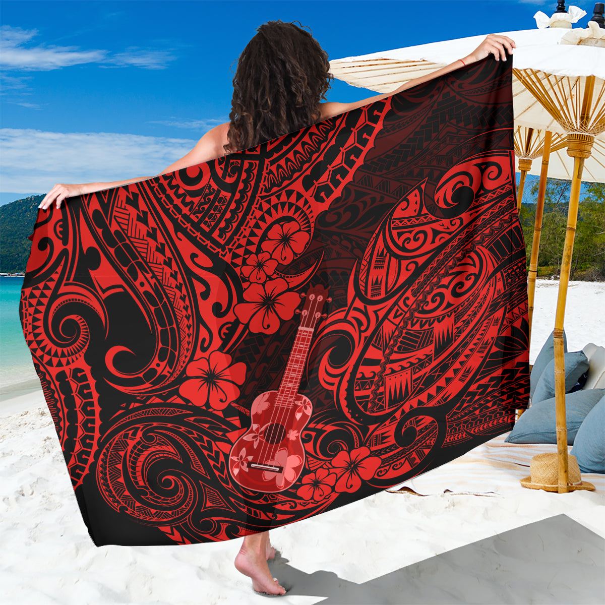 hawaii-ukulele-sarong-polynesian-pattern-red-version