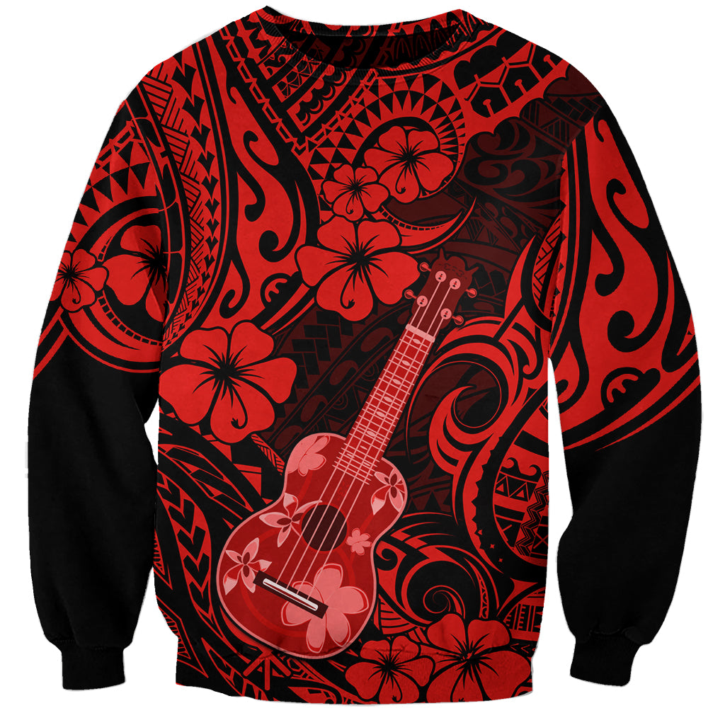 Unisex red and black ukulele sweatshirt with Polynesian hibiscus and tribal pattern