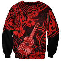 Unisex red and black ukulele sweatshirt with Polynesian hibiscus and tribal pattern