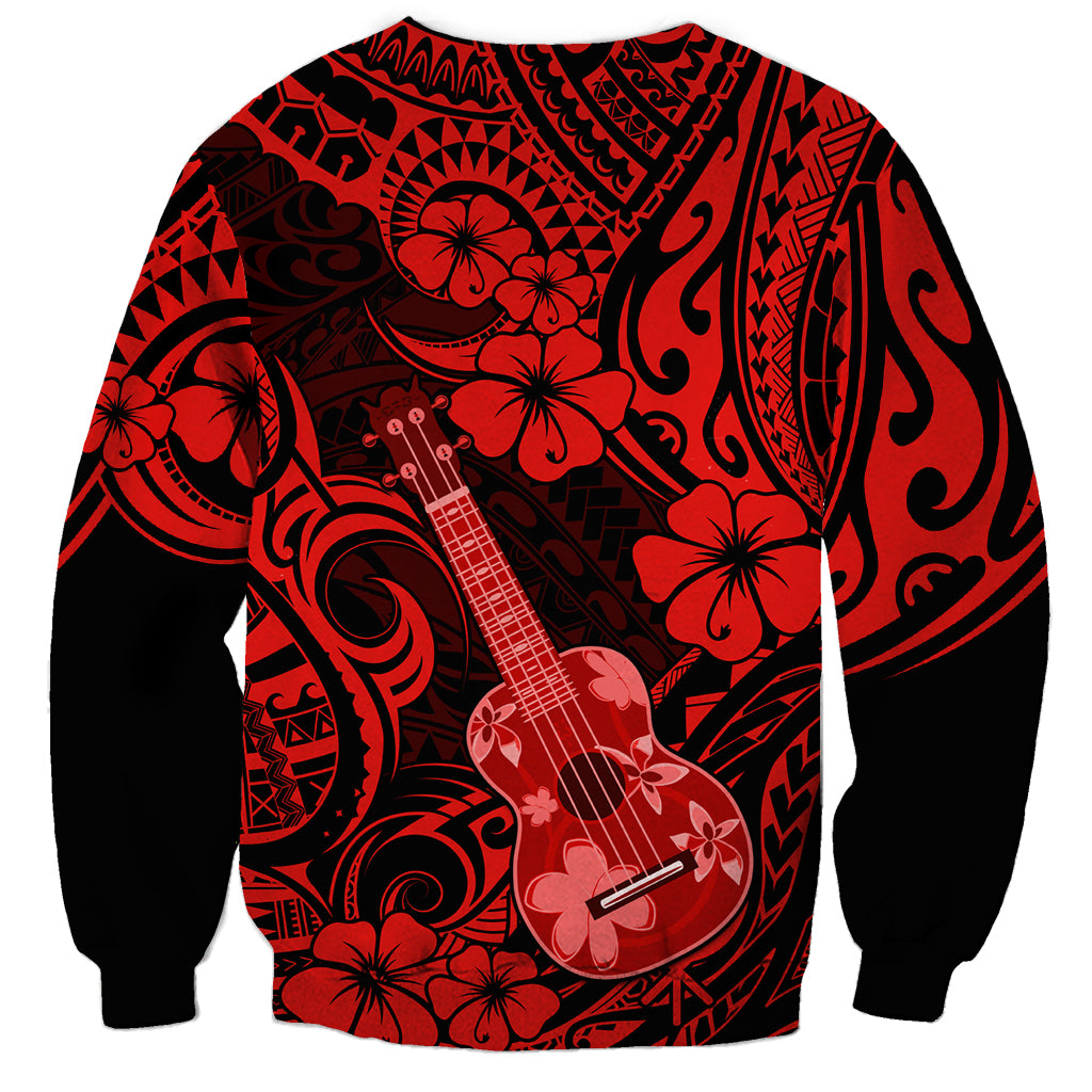 Unisex red and black ukulele sweatshirt with swirling Polynesian tribal pattern and hibiscus