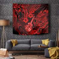 Red Polynesian ukulele tapestry with black swirls, ukulele graphic, and hibiscus flowers