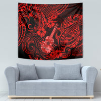 Red Polynesian wall tapestry with ukulele and hibiscus flowers in black ornamental lines