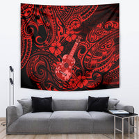 Red Polynesian tapestry with ukulele artwork, hibiscus flowers, and curled tribal patterns