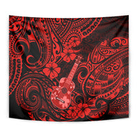 Close-up red Polynesian tapestry fabric with ukulele graphic and hibiscus swirl design