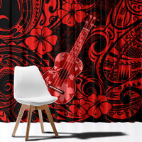 Red and black Polynesian pattern window curtain panel pair, close view of ukulele print